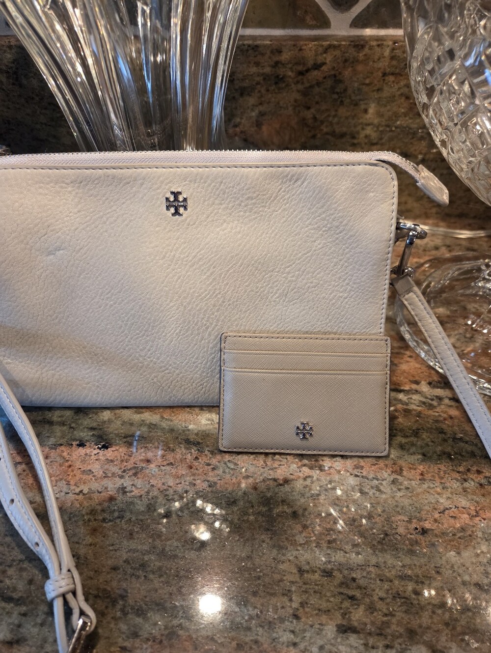 Tory Burch Grey Leather Crossbody Bag And Cardholder